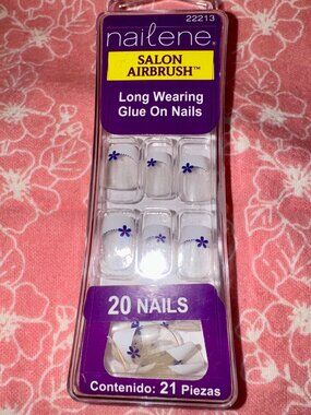 Nailene Salon Airbrush Press On Nails White French Tip Blue Daisys 20 Piece Kit